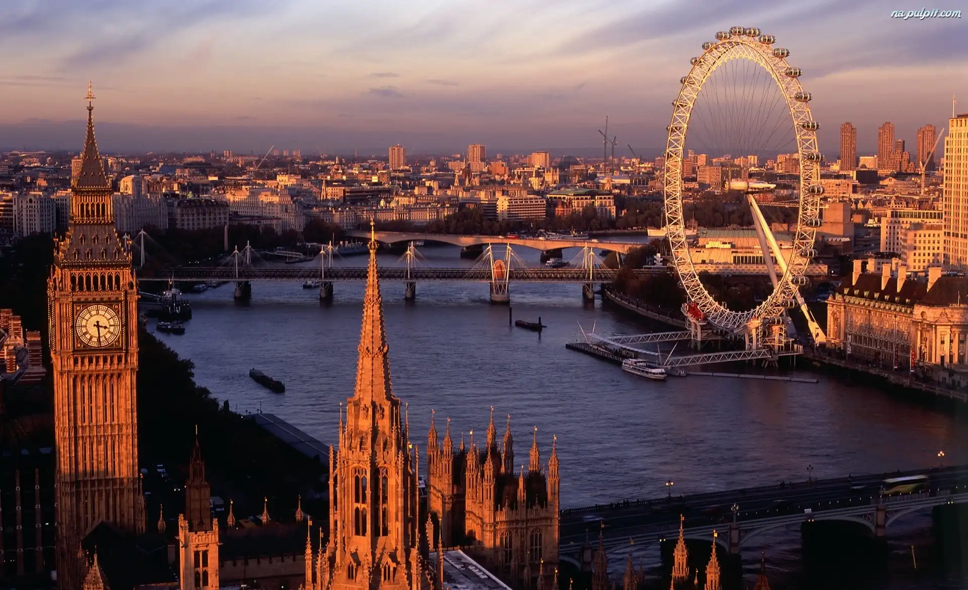 London Eye, Londyn, Miasta, Panorama, Big Ben